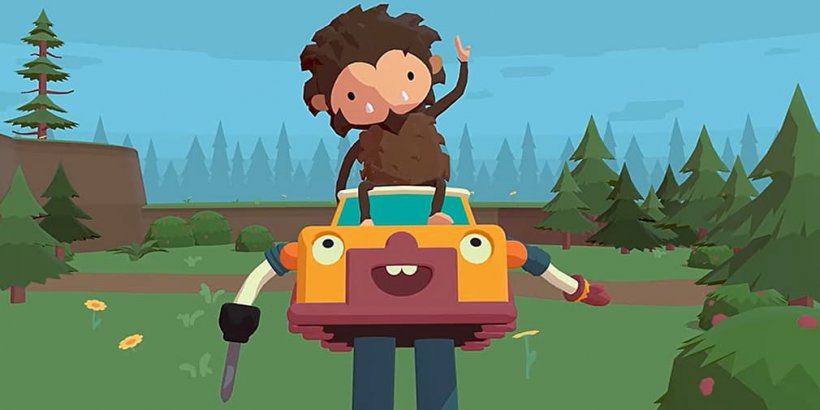 A sasquatch sitting on top of a car with legs.