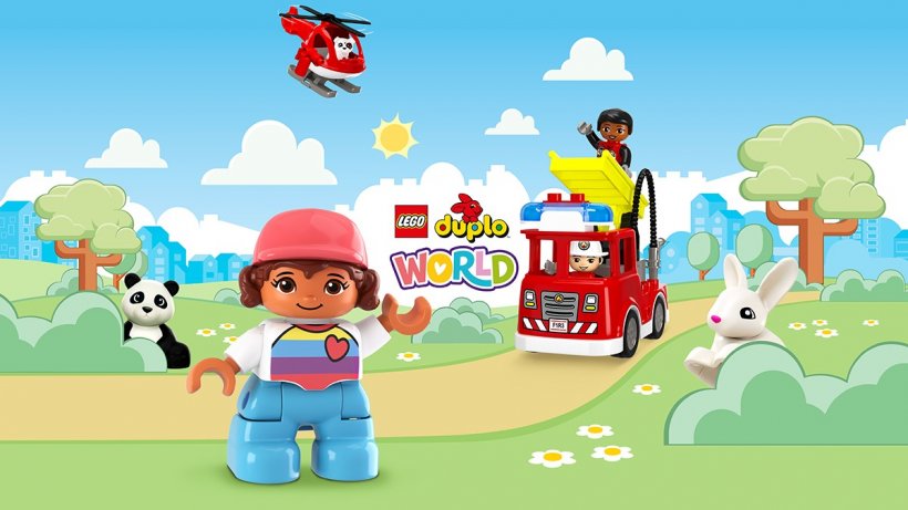 garden with a lego girl, panda, firetruck, rabbit, and helicopter