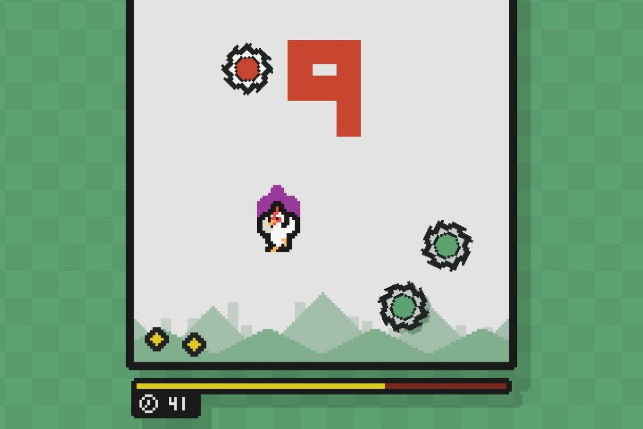 a pixelated screen with a chicken trying to escape some blades