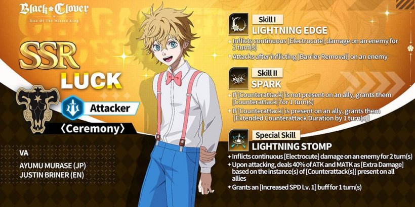 A young mage named Luck wearing jeans, a white button shirt and suspenders and a bowtie next to information about his abilities