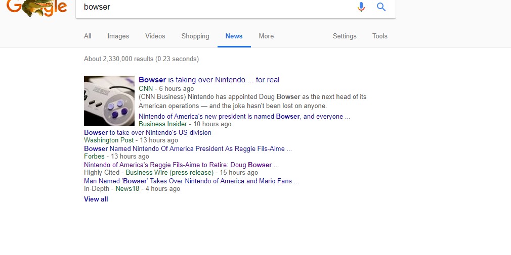 Bowser taking over Nintendo of America, news writers cry tears of joy