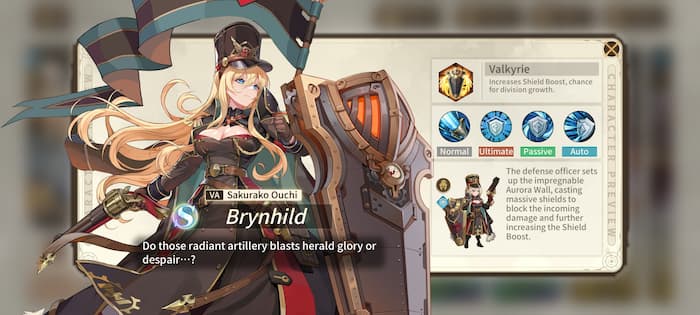 Brynhild in a black clothing set, with a massive tower shield and a pistol