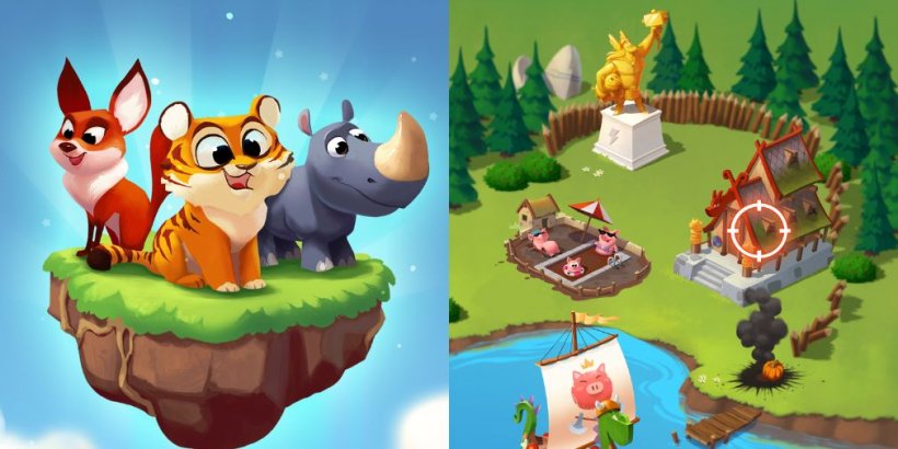 Image split in two with fox, tiger and a rhino on a floating island, and Coin Master village on the left