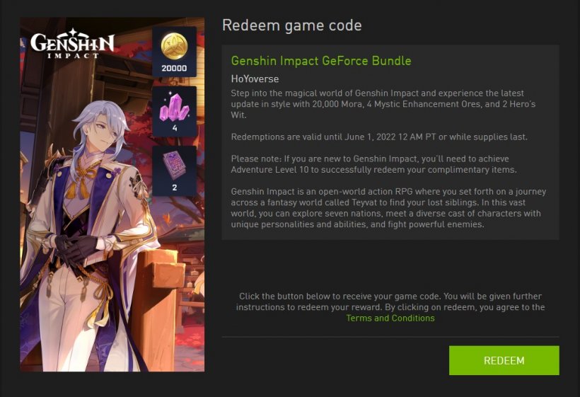 GeForce redeem code for Genshin Impact