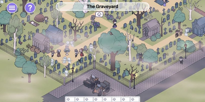 Graveyard level featuring multiple mausoleums and a group of partying ghosts.