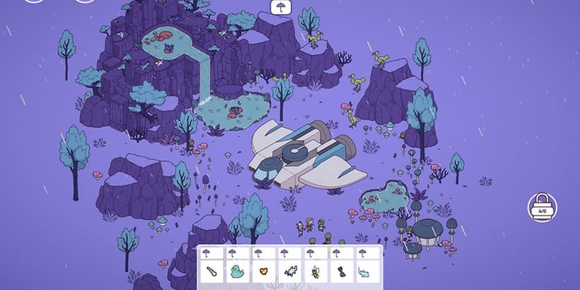 A spaceship parked on a purple alien planet near a waterfall