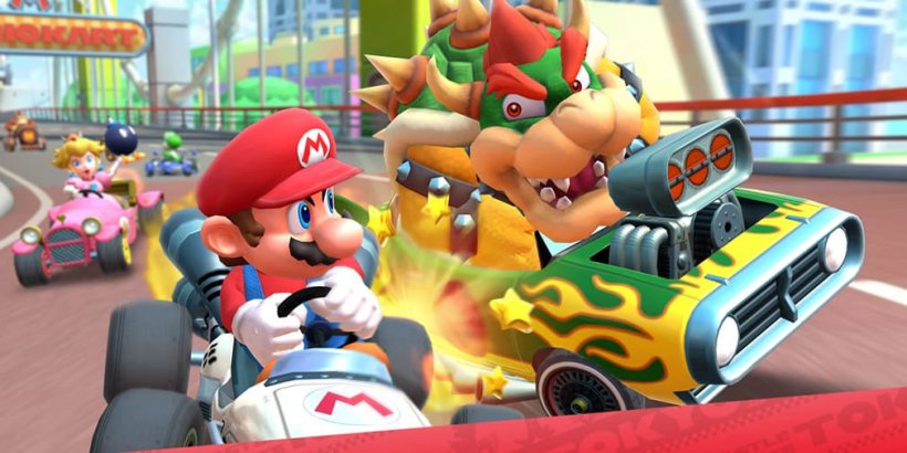 Bowser slamming his green kart into mario's white kart as they race on a track.