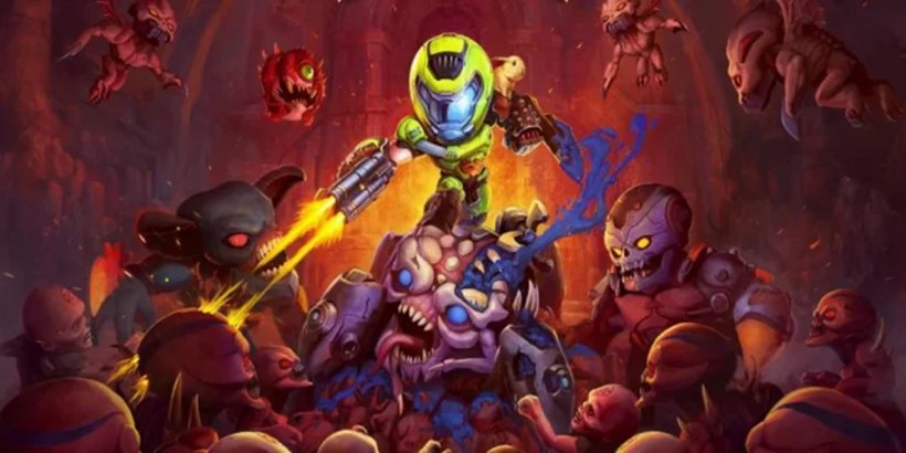 The mini-Doom Slayer from Mighty Doom stood over a horde of demons.