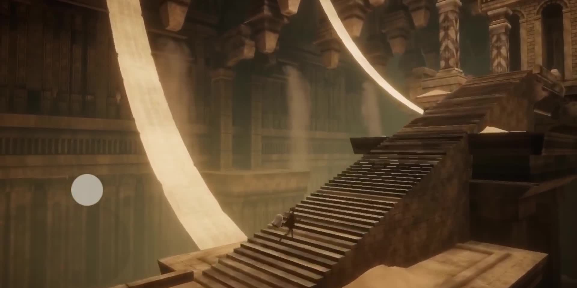Character running up the stairs