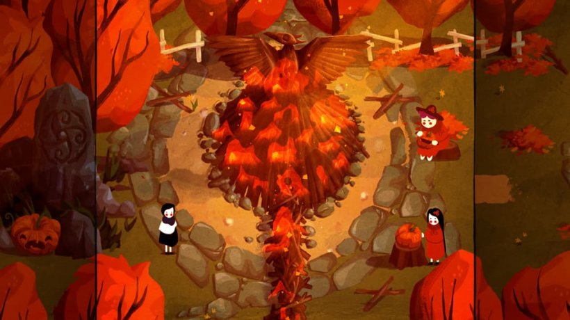 A young woman next to a large bonfire in an autumnal forest.
