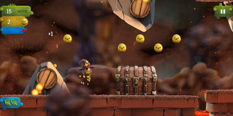 Pupinka in a wizard's hat bouncing near a large treasure chest.