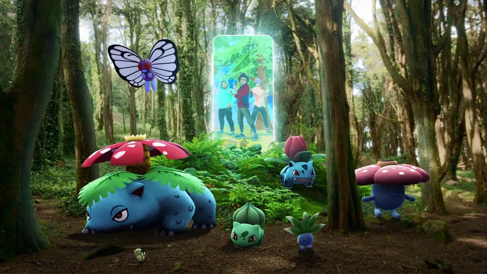 pokemon in a jungle with virtual trainers in the background