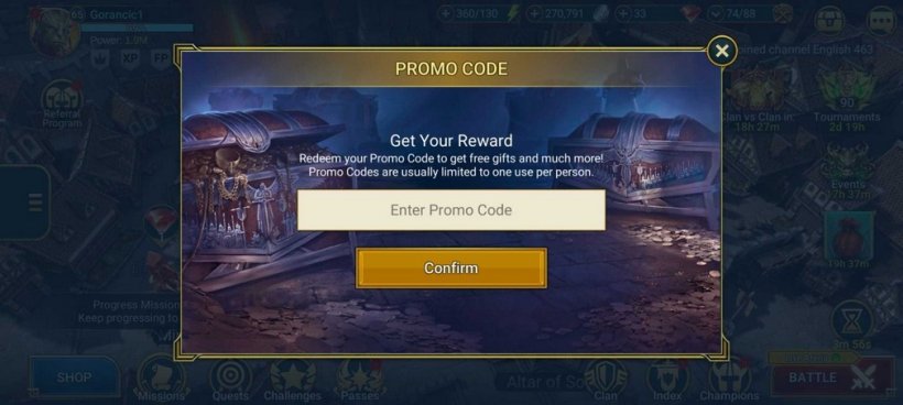 Promo Codes window in Raid Shadow Legends