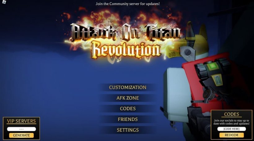 attack on titan revolution main menu code redemption tab