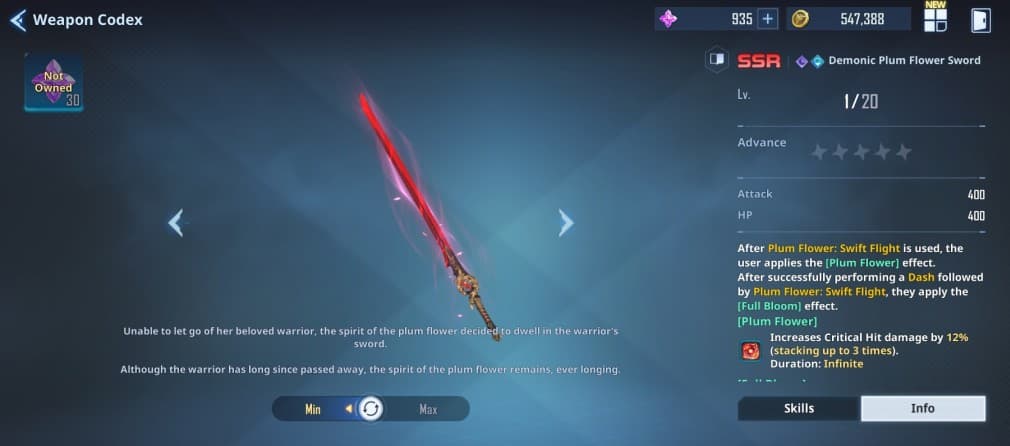Plum Flower Sword with its description and stats on the right