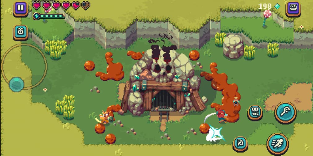 Pixellated enterance to a dungeon in a game like Hyper Light Drifter called Sparklite