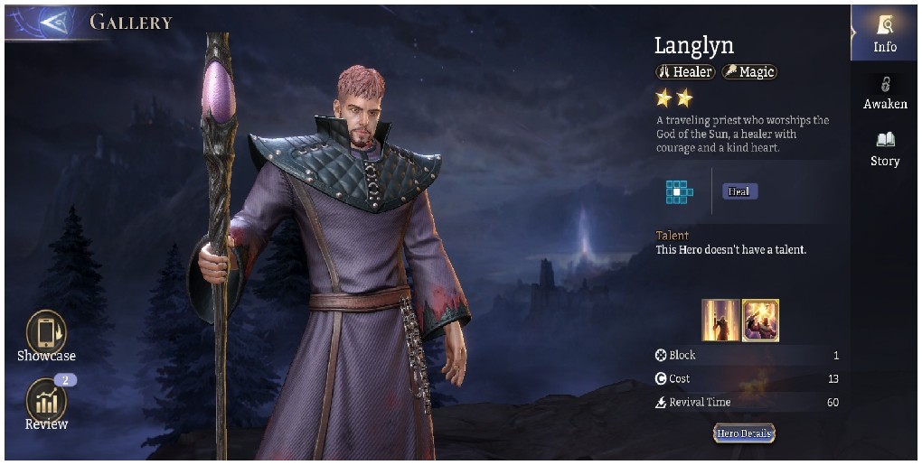Langlyn the mage in a purple robe holding a staff in his right hand