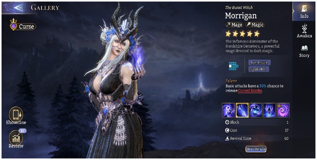 Morrigan the witch holding a purple flame