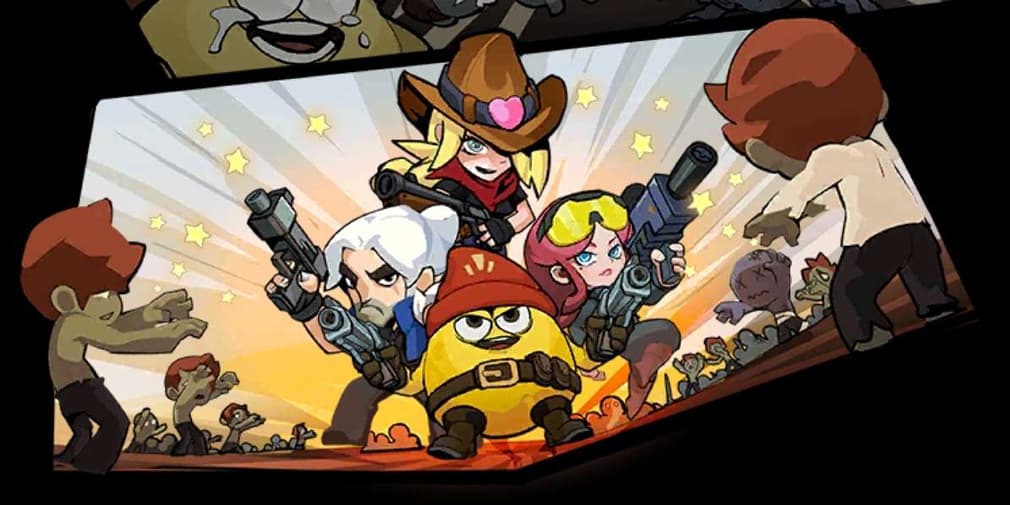 Three characters and a yellow egg surrounded by zombies